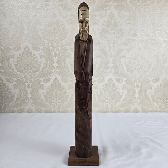 Hand Carved Wooden Monk Statue Two Tone Detailed Free Standing Sturdy Base VTG - Picture 1 of 11